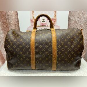 Louis Vuitton Monogram Canvas Travel Duffle Bag in Brown with Tan Trim